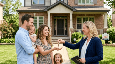 Real estate agent handing house keys to happy family in front of suburban home