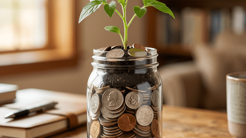 Glass jar filled with coins next to a growing seedling